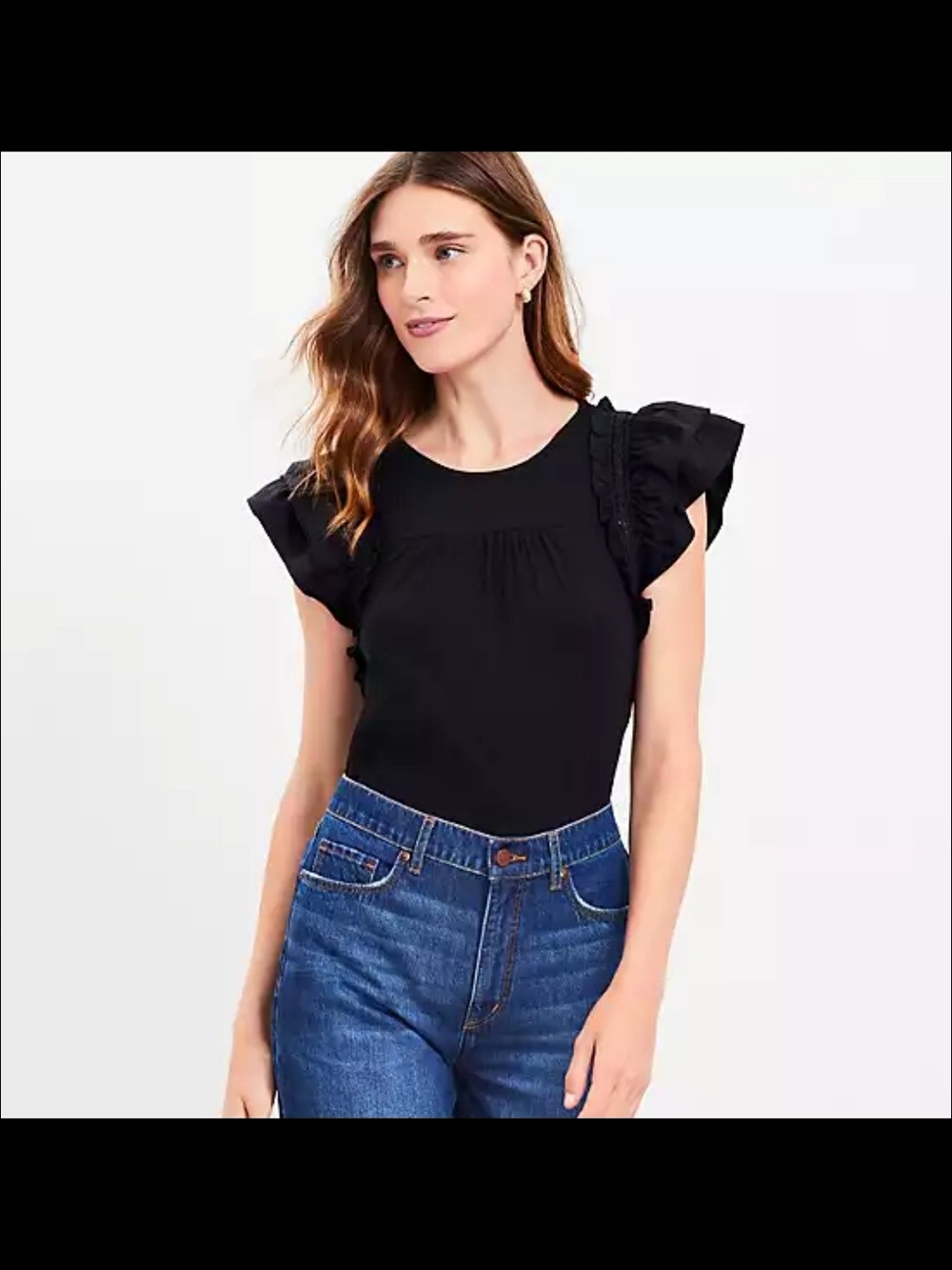 LOFT Black Ruffle Sleeve Top